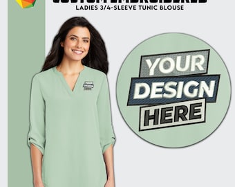 Custom Women's Tunic Shirt Custom Tunic Blouse 3/4 Sleeve Shirt Custom Embroidery Logo Shirt for Women V Neck Shirt Tunic, Women Clothing