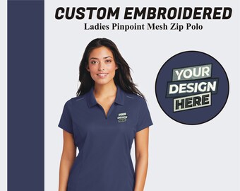 Custom Quarter Zip Polo Embroidered Polo Shirt for Women Custom Logo Shirts Monogrammed Shirts Custom Polos Pinpoint Mesh Zip Polo for Her