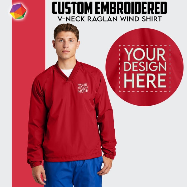 Sport-Tek ® Custom Embroidered V-Neck Pullover Custom Embroidery Logo 100% Polyester Windbreaker Custom Raglan Shirt Water Resistant Shirt