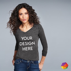 District® Custom V-Neck Women T-shirt Personalized V-Neck Long Sleeve Tee Custom Print T Shirt Make Your Own Tee Gift For Her V-Neck Tee