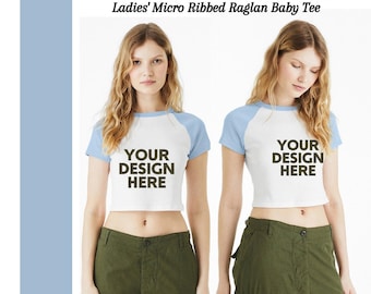Custom Printed Ribbed Raglan Baby Tee: Bella+Canvas Fitted Crop Shirt