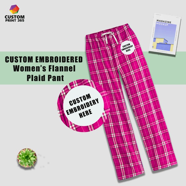 Custom Embroidered Women Plaid Pants, Custom Flannel Pants, Women Custom Pajamas, Custom Nightwear, Personalized Pants, Custom PJ Pants