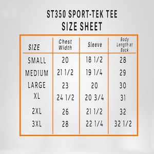 May include: Size chart for a ST350 Sport-Tek tee, showing chest width, sleeve length, and body length at back measurements in inches for sizes small through 3XL.