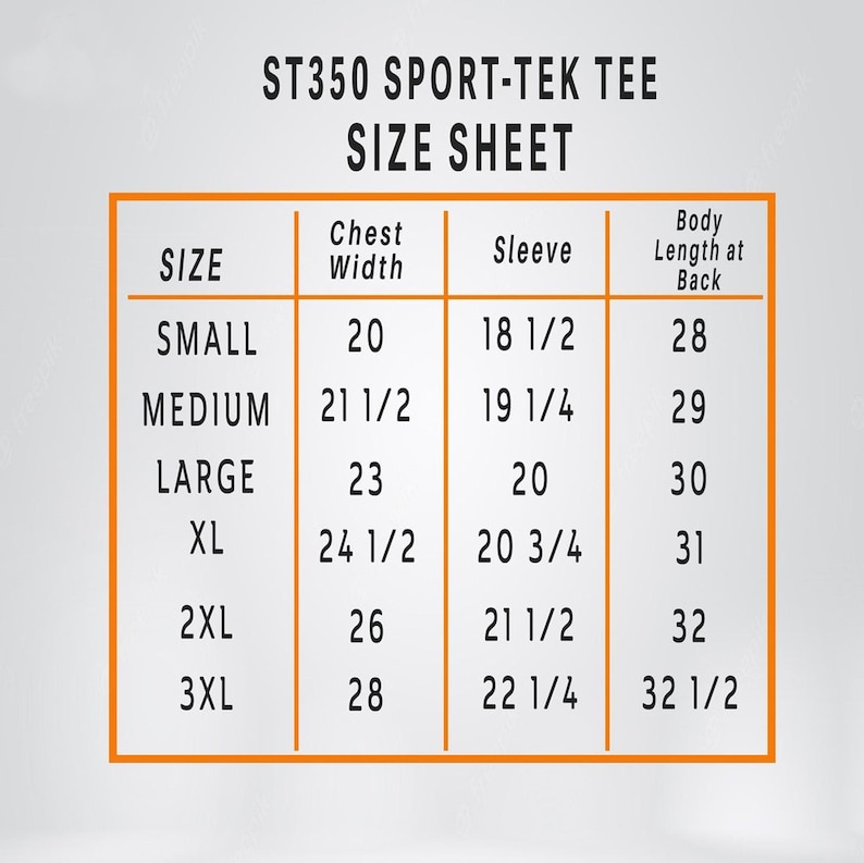 May include: Size chart for a ST350 Sport-Tek tee, showing chest width, sleeve length, and body length at back measurements in inches for sizes small through 3XL.