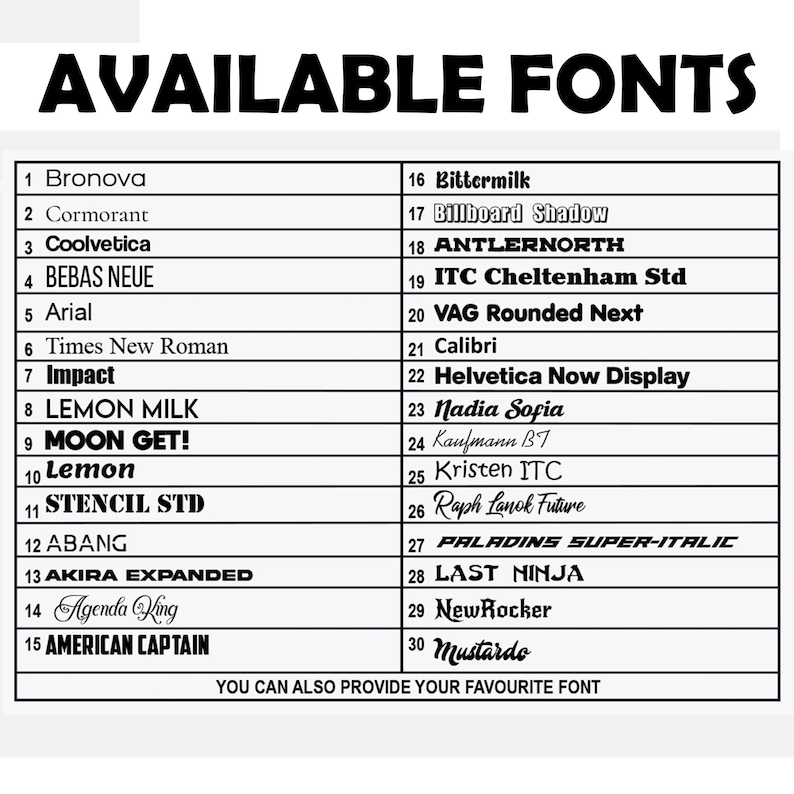 Pode incluir: Um gr&aacute;fico em preto e branco listando 30 fontes dispon&iacute;veis, incluindo Bronova, Cormorant, Coolvetica e Arial. O texto "AVAILABLE FONTS" est&aacute; no topo, com um pedido para fornecer sua fonte favorita na parte inferior.