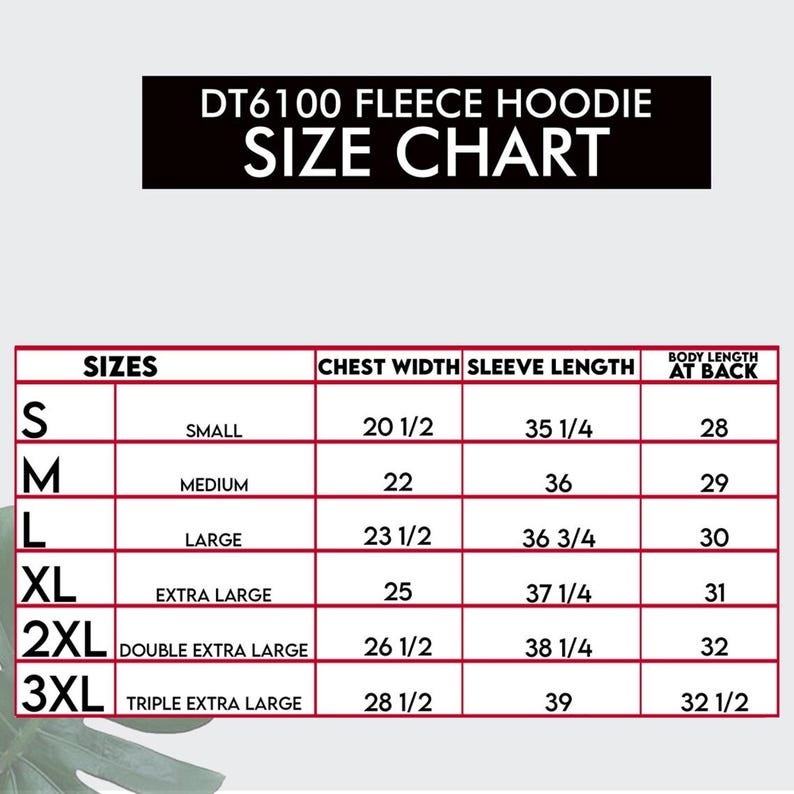 Puede incluir: Tabla de tallas para una sudadera con capucha de forro polar, que muestra las medidas de ancho de pecho, longitud de manga y longitud del cuerpo en la espalda en pulgadas para las tallas S, M, L, XL, XXL y XXXL.