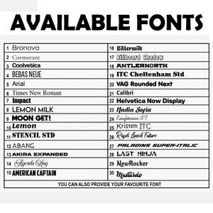 Puede incluir: Una lista de 30 fuentes disponibles, numeradas del 1 al 30, con el nombre de la fuente listado junto a cada n&uacute;mero. El texto "AVAILABLE FONTS" est&aacute; en la parte superior de la lista. El texto "YOU CAN ALSO PROVIDE YOUR FAVOURITE FONT" est&aacute; en la parte inferior de la lista.