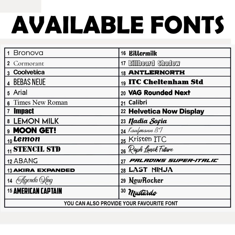 Puede incluir: Una lista de 30 fuentes disponibles, numeradas del 1 al 30, con el nombre de la fuente listado junto a cada n&uacute;mero. El texto "AVAILABLE FONTS" est&aacute; en la parte superior de la lista. El texto "YOU CAN ALSO PROVIDE YOUR FAVOURITE FONT" est&aacute; en la parte inferior de la lista.