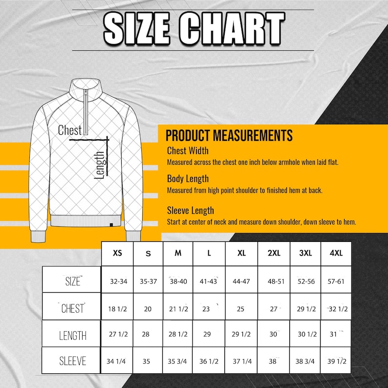 Peut inclure: Tableau des tailles pour une veste zipp&eacute;e matelass&eacute;e. Le tableau comprend les mesures de la largeur de la poitrine, de la longueur du corps et de la longueur des manches. Les tailles vont de XS &agrave; 4XL, avec des mesures de poitrine de 47 cm &agrave; 82.5 cm.