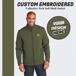 May include: A green soft shell jacket with a zipper closure and two pockets. The jacket has a mock neck and is embroidered with the text "YOUR DESIGN HERE".