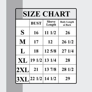 Puede incluir: Tabla de tallas para ropa con medidas en pulgadas para el busto, la longitud de la manga y la longitud del cuerpo en la espalda. Las tallas incluyen S, M, L, XL, 2XL y 3XL.