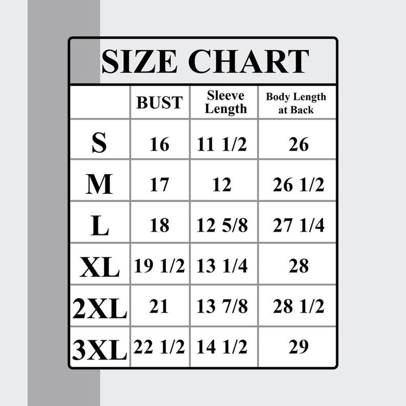 Puede incluir: Tabla de tallas para ropa con medidas en pulgadas para el busto, la longitud de la manga y la longitud del cuerpo en la espalda. Las tallas incluyen S, M, L, XL, 2XL y 3XL.