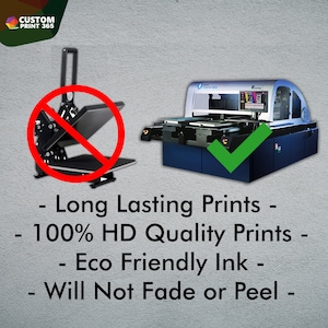 May include: A comparison of two printing methods. A red circle with a diagonal line through it is over a heat press, while a green checkmark is over a digital printer. The text below reads: - Long Lasting Prints - 100% HD Quality Prints - Eco Friendly Ink - Will Not Fade or Peel -