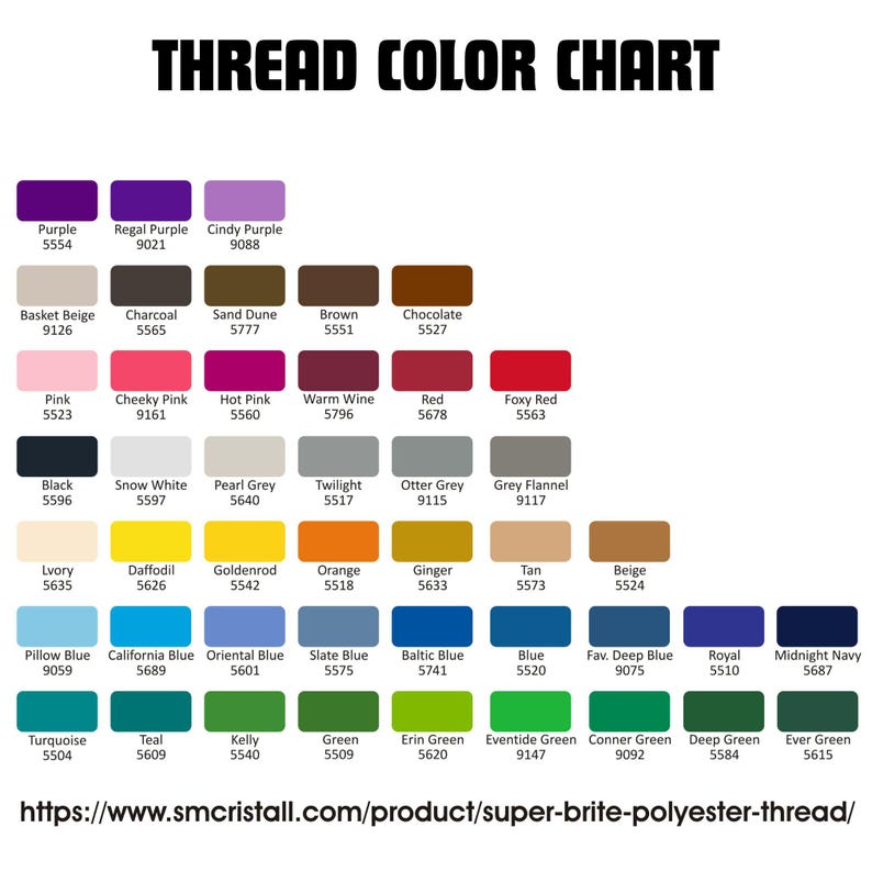 Pode incluir: Um gr&aacute;fico de cores de linha com uma variedade de cores, incluindo roxo, rosa, azul, verde e marrom. Cada cor &eacute; exibida com um n&uacute;mero correspondente. O texto "THREAD COLOR CHART" est&aacute; no topo.