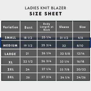 Puede incluir: Tabla de tallas para una chaqueta de punto con medidas en pulgadas para el busto, la longitud del cuerpo en la espalda, la manga y la talla. Las tallas incluyen peque&ntilde;a, mediana, grande, XL, 2XL y 3XL.