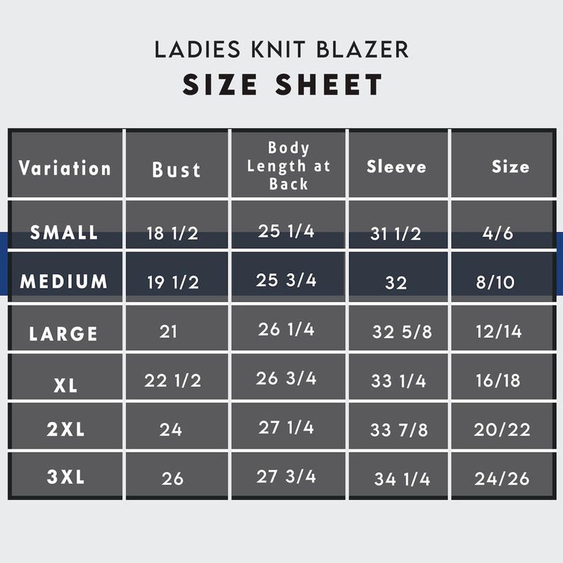 Puede incluir: Tabla de tallas para una chaqueta de punto con medidas en pulgadas para el busto, la longitud del cuerpo en la espalda, la manga y la talla. Las tallas incluyen peque&ntilde;a, mediana, grande, XL, 2XL y 3XL.