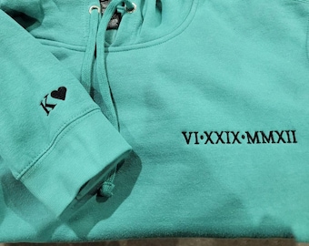 Custom Embroidered Roman Numeral Hoodie: Personalized Date, Couples Gift