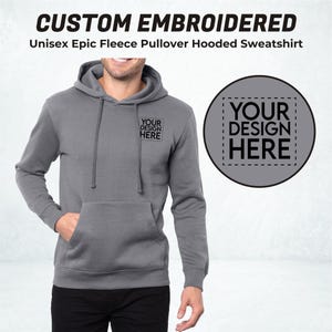 May include: A gray hooded sweatshirt with a pocket and a small area on the front for embroidery. The text "YOUR DESIGN HERE" is shown in a circle.