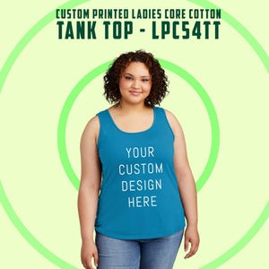 May include: A blue tank top with the text "YOUR CUSTOM DESIGN HERE" printed on the front.  The tank top is made of a soft, comfortable cotton blend and is perfect for everyday wear.