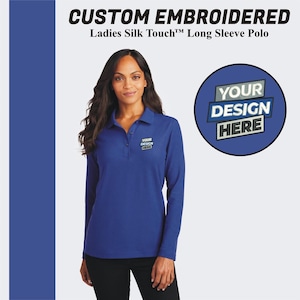 May include: A royal blue long-sleeve polo shirt with a mock-up of an embroidered design that says "YOUR DESIGN HERE".