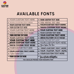 May include: A chart with 30 different font styles for customizing text. The chart is labeled "Available Fonts" and includes numbers 1 through 30 with the text "Your Custom Text Here" in each font style.