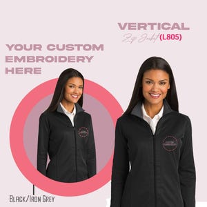 May include: Black and iron grey zip-up jacket with a vertical zipper and a custom embroidery option. The text "YOUR CUSTOM EMBROIDERY HERE" and "VERTICAL Zip Jacket (L805)" is displayed on the image.