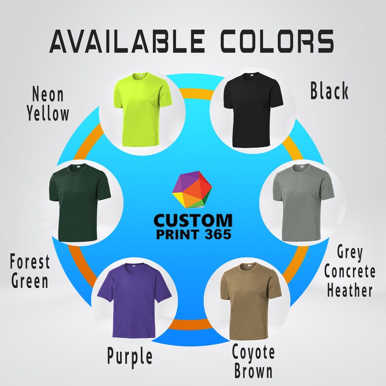 May include: A graphic showing 10 different t-shirt colors available for customization. The colors are: Neon Yellow, Black, Forest Green, Grey Concrete Heather, Purple, Coyote Brown.