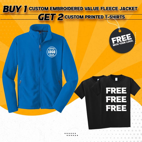 Custom Logo Full Zip Fleece Jacket with 2 Free Printed Tees, Personalized Men’s Workwear