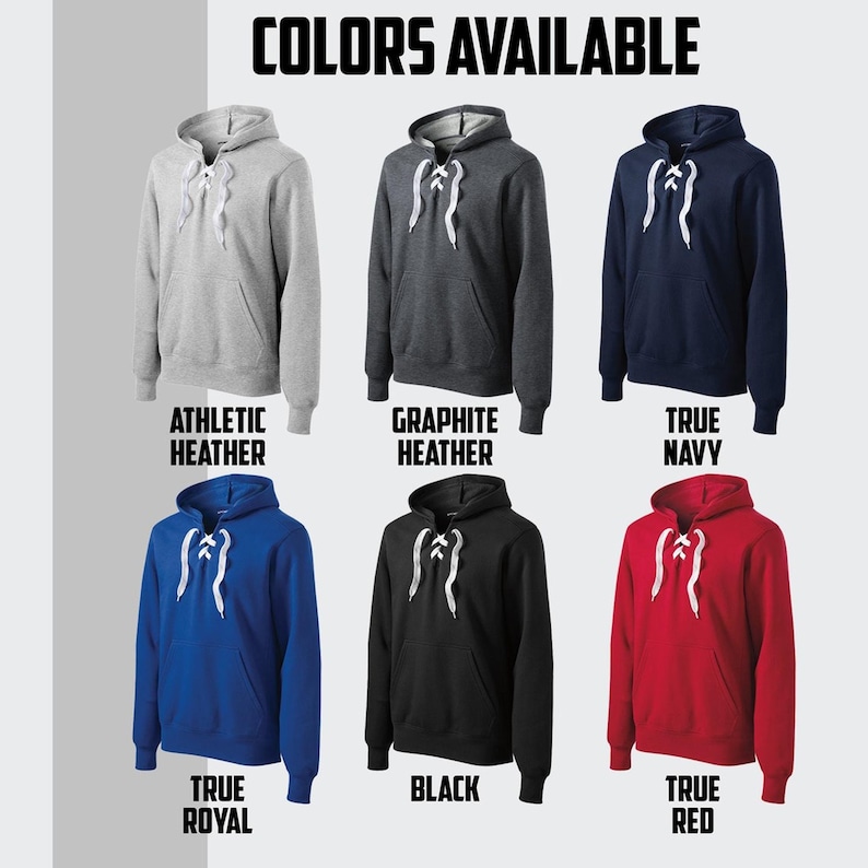 Puede incluir: Seis variaciones de color diferentes de una sudadera con capucha con un detalle de encaje en el cuello. Los colores son Gris deportivo, Gris grafito, Azul marino verdadero, Azul real, Negro y Rojo verdadero.