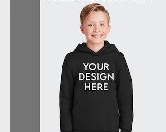 May include: Black youth pullover hooded sweatshirt with the text "YOUR DESIGN HERE" printed in white on the front.