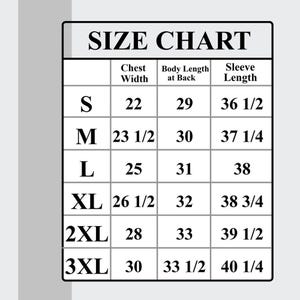 Puede incluir: Tabla de tallas para ropa con medidas en pulgadas para el ancho del pecho, la longitud del cuerpo en la espalda y la longitud de la manga. Las tallas incluyen S, M, L, XL, 2XL y 3XL.