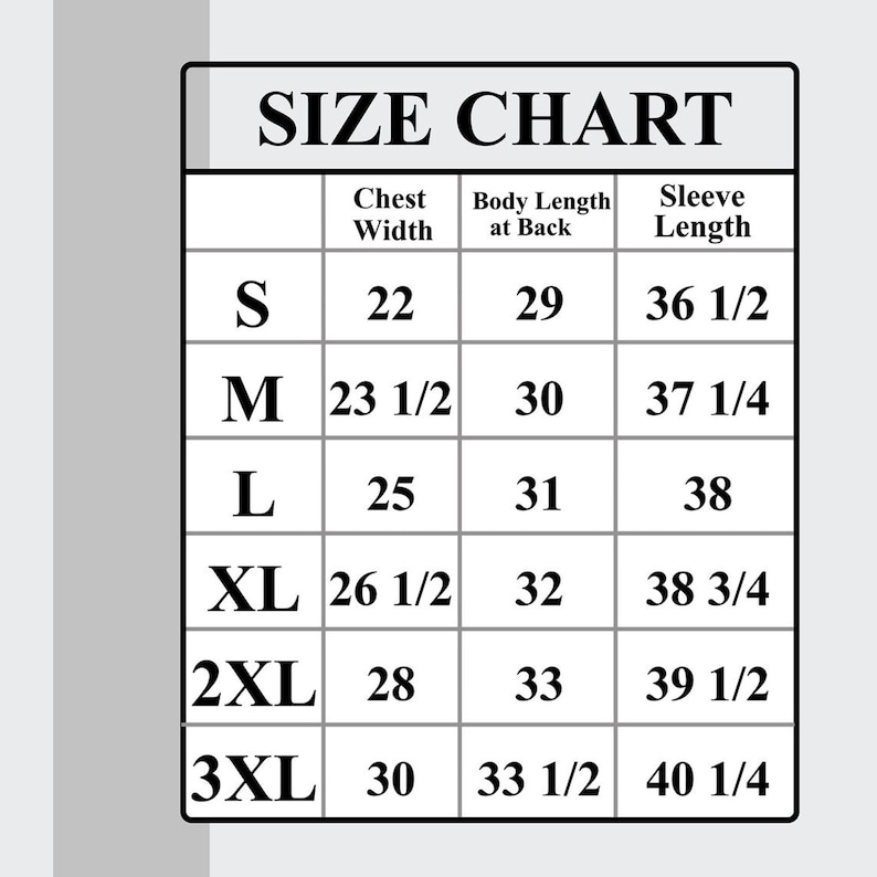Puede incluir: Tabla de tallas para ropa con medidas en pulgadas para el ancho del pecho, la longitud del cuerpo en la espalda y la longitud de la manga. Las tallas incluyen S, M, L, XL, 2XL y 3XL.