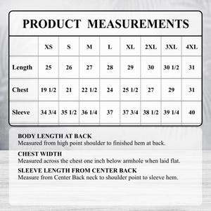 Pode incluir: Uma tabela de medidas do produto com tamanhos de XS a 4XL. A tabela detalha as medidas de comprimento, peito e manga em cent&iacute;metros. O texto na parte inferior explica como cada medida &eacute; tirada.
