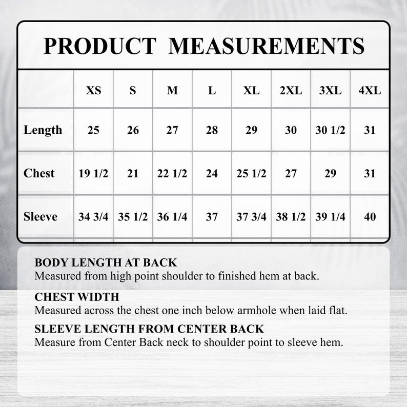 Pode incluir: Uma tabela de medidas do produto com tamanhos de XS a 4XL. A tabela detalha as medidas de comprimento, peito e manga em cent&iacute;metros. O texto na parte inferior explica como cada medida &eacute; tirada.