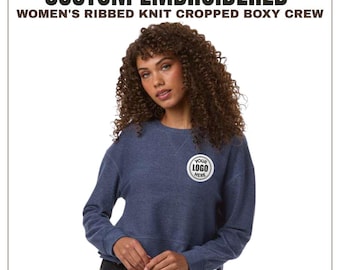 Custom Women’s Ribbed Knit Cropped Crewneck Sweater | Oversized Boxy Sweatshirt | Personalized Embroidery Logo Pullover | Mothers Day Gift