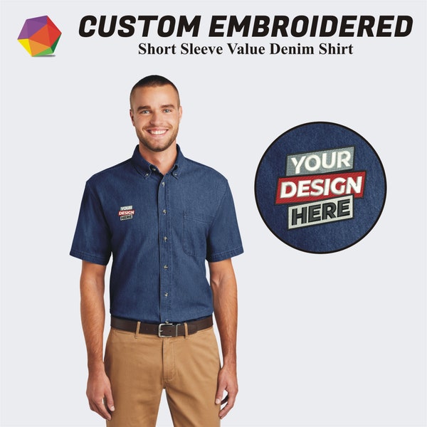 Custom Embroidered Shirt, Custom Short Sleeve Denim Shirt For Men, Custom Button Down Shirt, Personalized Denim Shirt, Custom Logo Shirt