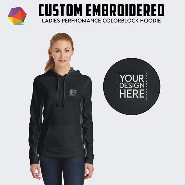 Sport-Tek® Custom Embroidered Hoodie, Women Polyester Color Block Hooded Pullover, Custom Embroidery Logo Hoodie, Custom Performance Hoodie