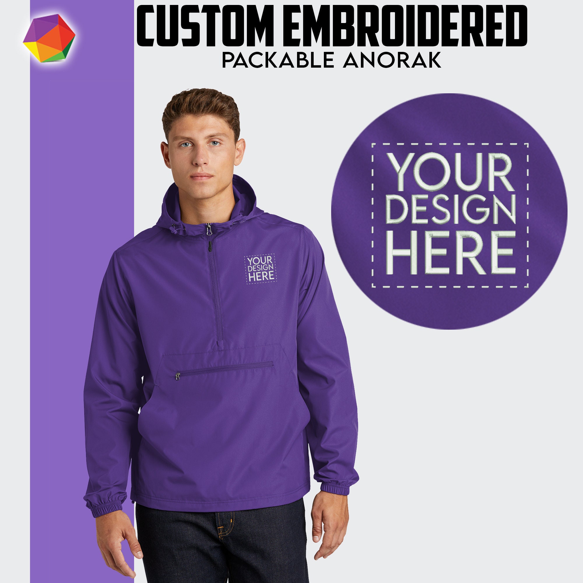 Sport-tek ® Custom Embroidered Anorak Pullover, Custom Embroidery Logo  Anorak, 100% Polyester Rain Anorak Hooded Jacket, Custom Half Zip 
