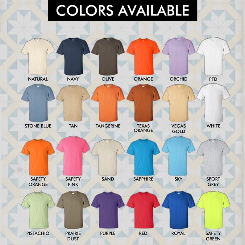 Pu&ograve; includere: Un grafico che mostra 24 colori di magliette diversi. I colori sono disposti in quattro righe di sei colori ciascuna. I colori sono: Naturale, Blu navy, Oliva, Arancione, Orchidea, PFD, Blu pietra, Marrone, Mandarino, Arancione Texas, Oro di Las Vegas, Bianco, Arancione di sicurezza, Rosa di sicurezza, Sabbia, Zaffiro, Cielo, Grigio sportivo, Pistacchio, Polvere di prateria, Viola, Rosso, Reale, Verde di sicurezza.