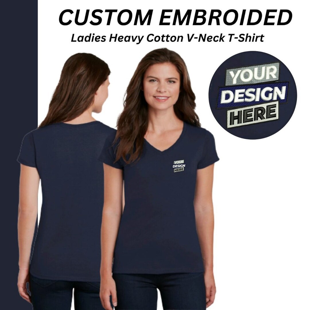 Personalized Embroidered Ladies V-Neck T-Shirt - 100% Cotton Custom Classic Tee