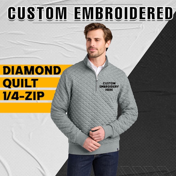 Diamond Quilted Cotton Blend Quarter Zip Fleece Pullover – Midweight Jacket with Custom Embroidery