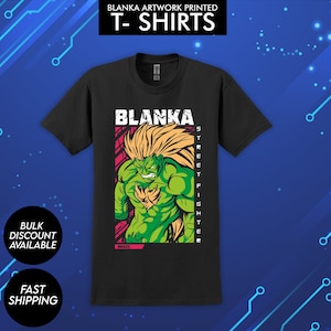 May include: Black t-shirt with a green and yellow illustration of Blanka from Street Fighter. The text "BLANKA" and "STREET FIGHTER" is printed on the shirt.