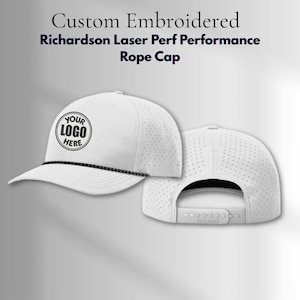 May include: Two white Richardson laser-perforated performance rope caps featuring a black rope detail across the brim. The front panel displays a circular logo with the text 'YOUR LOGO HERE'. The back shows an adjustable snapback closure.