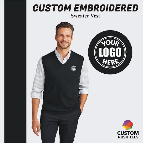 Port Authority ® Custom Embroidered Sweater Vest Custom Mens Knit Sweater Vest Custom Logo Embroidery Grandpa Sweater Vest Custom Sweater