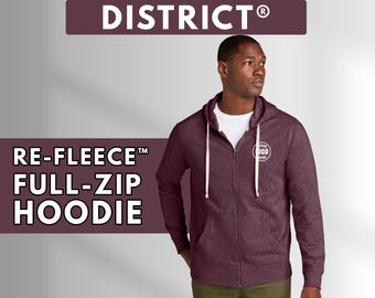 Custom District Full Zip Fleece Hoodie, Personalized Hoodie, Unisex Zip-Up Sweatshirt, Embroidered or Printed Design, Business Gift Hoodie