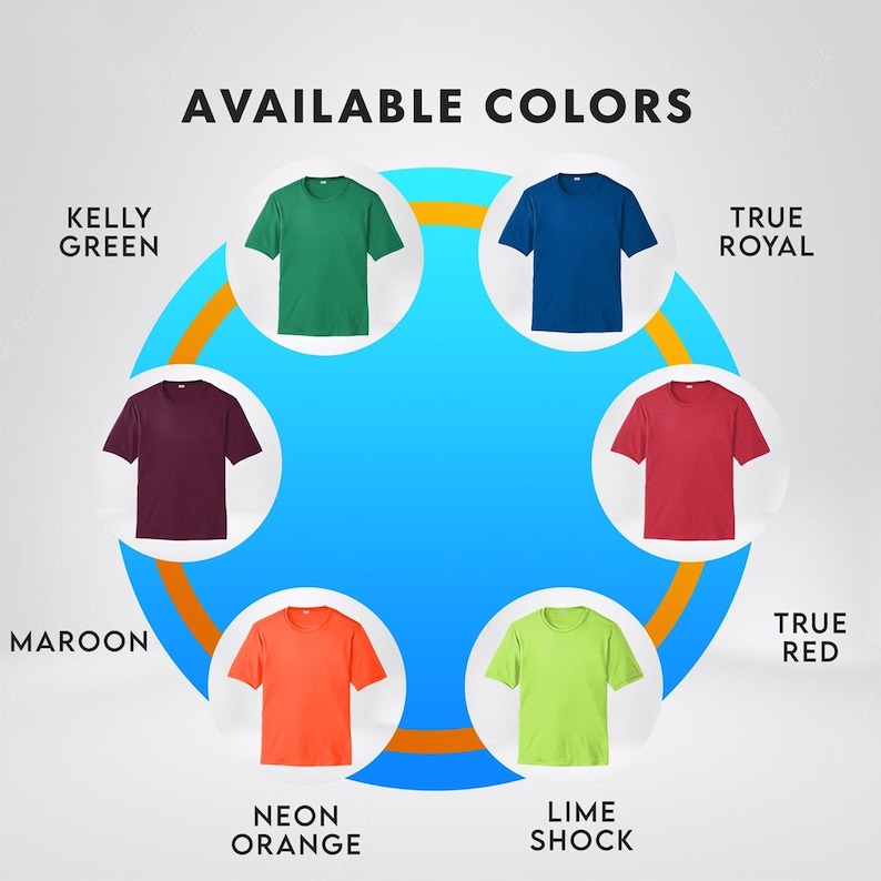 May include: A graphic showing the available colors for a t-shirt. The colors are Kelly Green, True Royal, Maroon, True Red, Neon Orange, and Lime Shock.