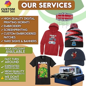 May include: A graphic design business offers a variety of services including digital printing, embroidery, screen printing, custom embroidered patches, yard signs and banners. The image shows a red hoodie with the text "Made in the 80's", a black t-shirt with a green graphic, a blue baseball cap with a red bull embroidered on it, a black and white beanie with a red pom-pom, and a digital printing machine.