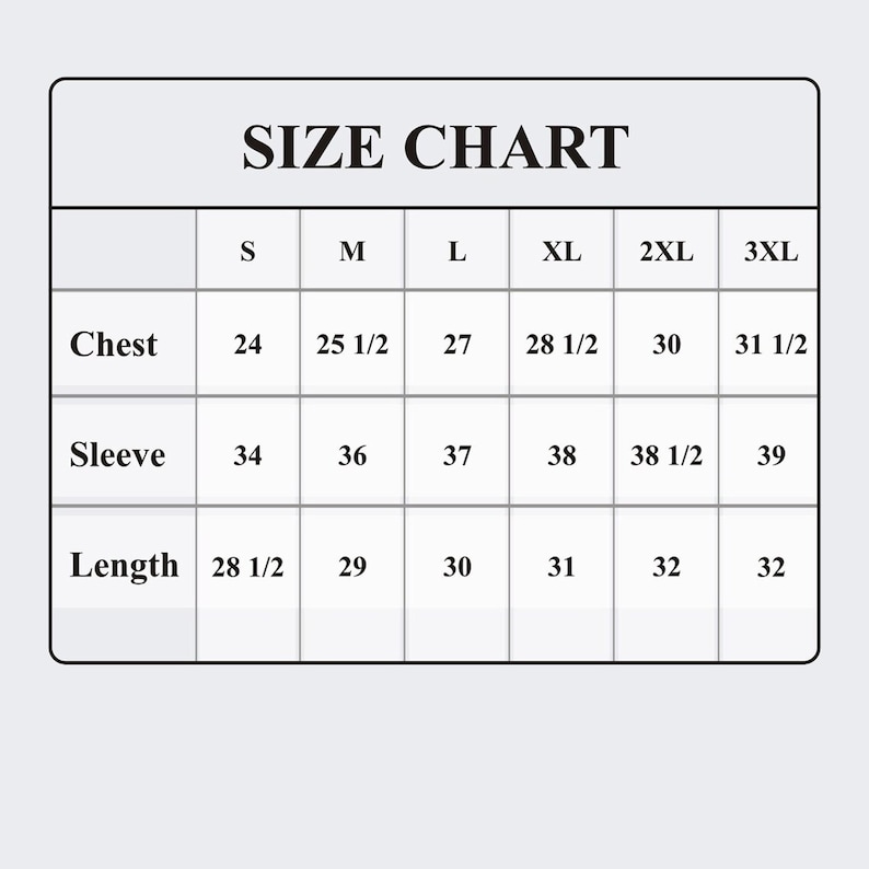 Pu&ograve; includere: Tabella delle taglie per abbigliamento con misure in pollici per petto, manica e lunghezza. Le taglie includono S, M, L, XL, 2XL e 3XL.