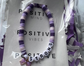 Strong positivity inspirational purple beaded bracelet with charm