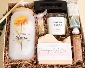 Birth Flower Birthday Gift Box with Personalized Glass Cup Her Birthday Present Friend Bday Gift Basket Mom Custom Name Gift Birth Flower